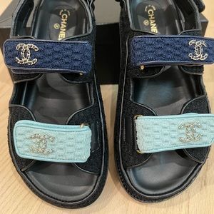 CHANEL Knit Fabric Velcro Dad Sandals Black Dark Blue Light Blue- Size 7